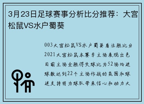 3月23日足球赛事分析比分推荐：大宫松鼠VS水户蜀葵