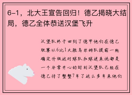 6-1，北大王宣告回归！德乙揭晓大结局，德乙全体恭送汉堡飞升